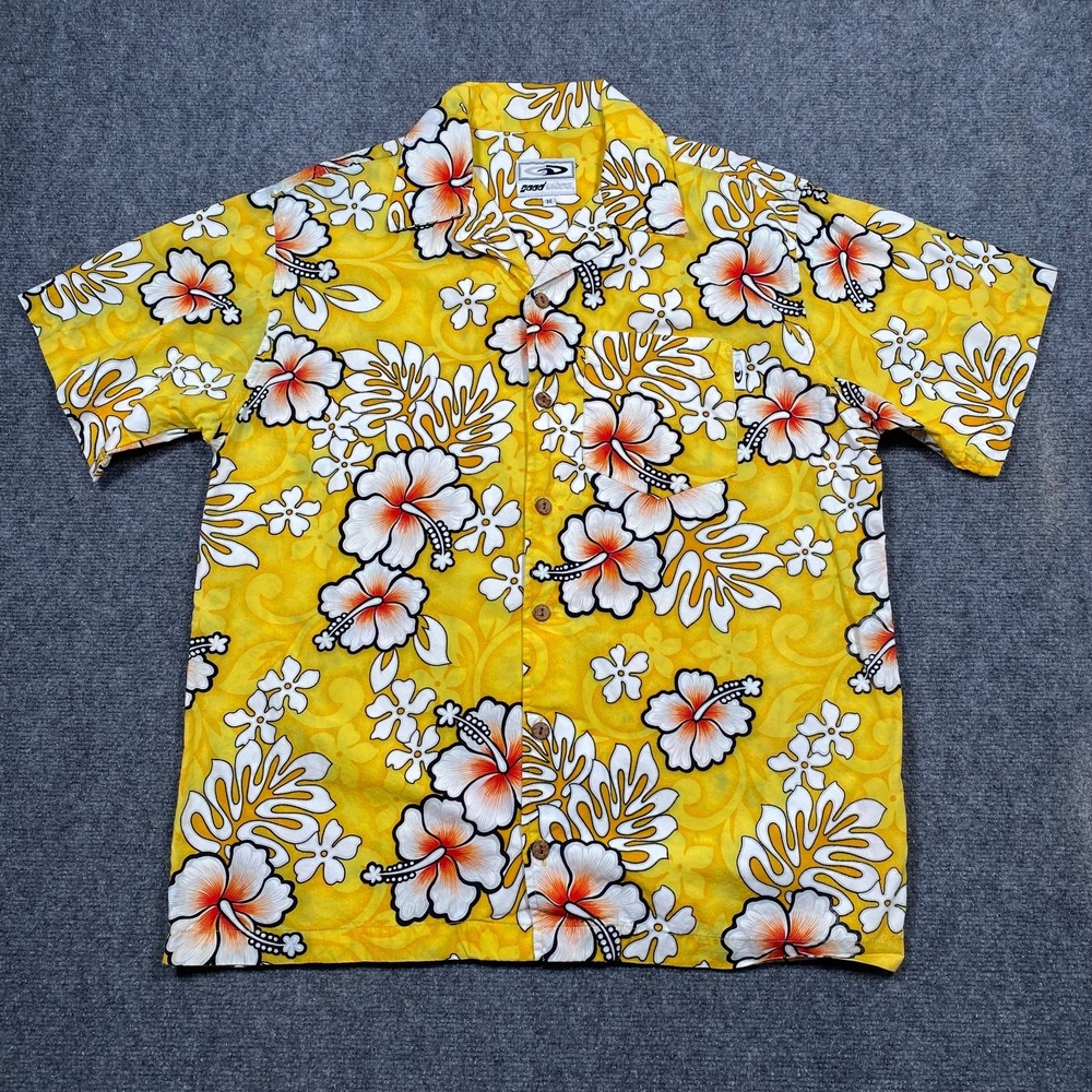 Good‎ Vibes Mens Hawaiian Button Shirt M Floral Yellow Relaxed Casual